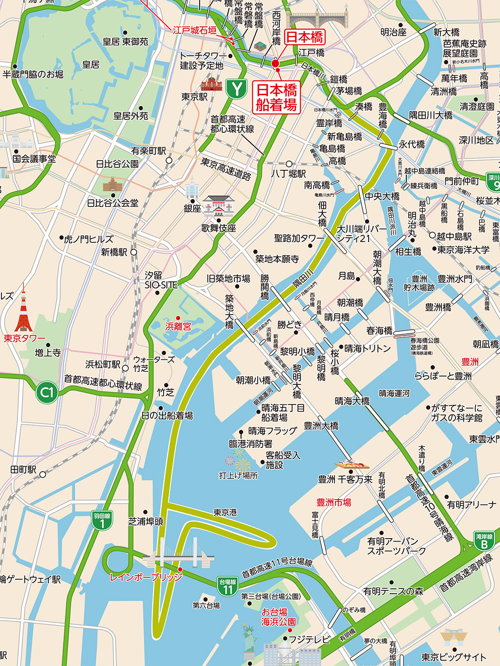 東京湾大華火祭 観覧クルーズの航路図。日本橋から隅田川経由で東京港へ向かい、日本橋へ戻るコース
